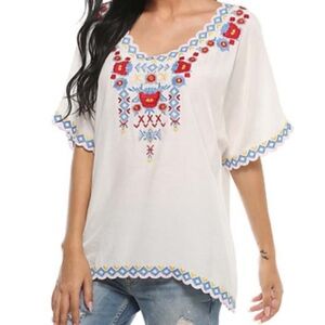KOMILI NEW White & Blue Embroidered Floral Scoop Neck Dolman Top Size XL
